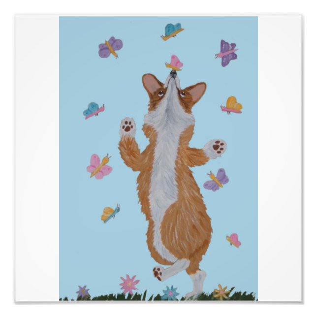 Dansande Welsh Corgi med fjärilar Fototryck (Framsidan)