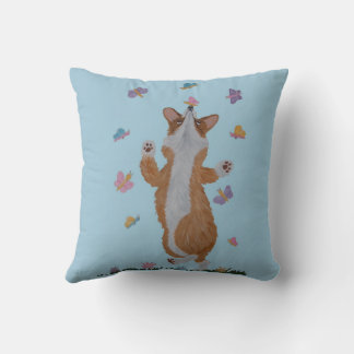 Dansande Welsh Corgi med fjärilar Kudde