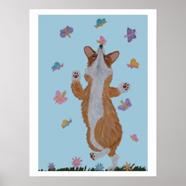 Dansande Welsh Corgi med fjärilar Poster (Framsidan)