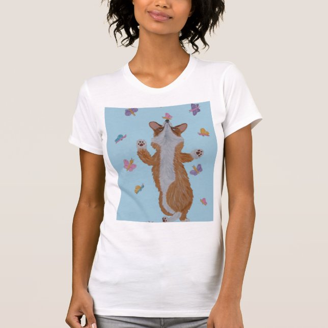 Dansande Welsh Corgi med fjärilar T Shirt (Framsida)