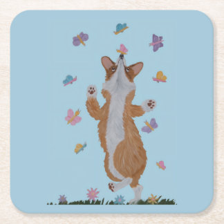 Dansande Welsh Corgi med fjärilar Underlägg Papper Kvadrat