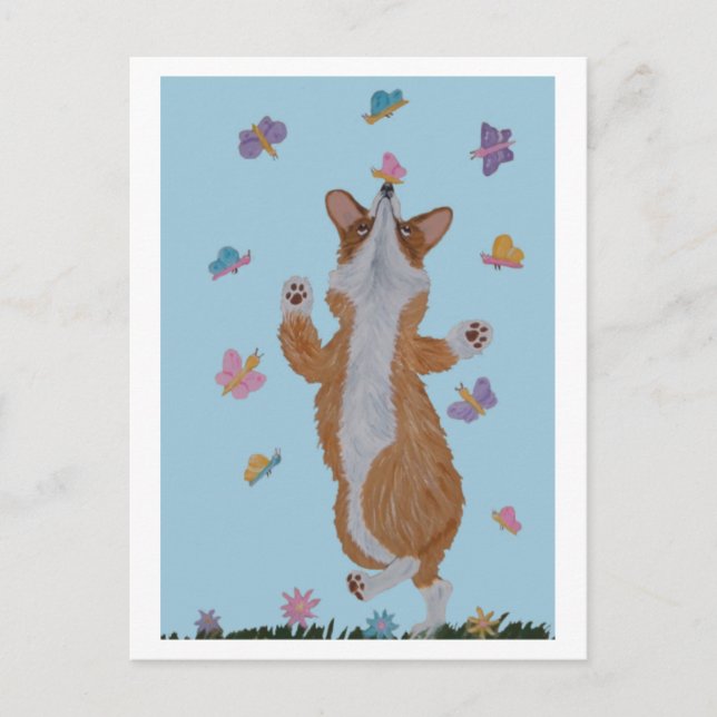 Dansande Welsh Corgi med fjärilar Vykort (Framsida)
