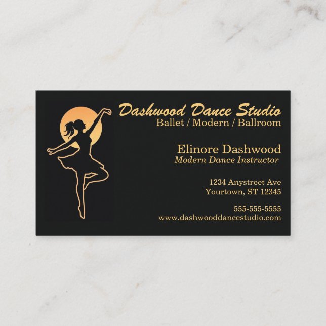 Dansare med guld Ljus Dansstudio Instruktör Visitkort (Framsida)