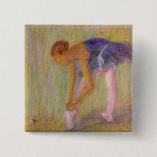 Dansare som binder henne balett, skor, knäppas knapp