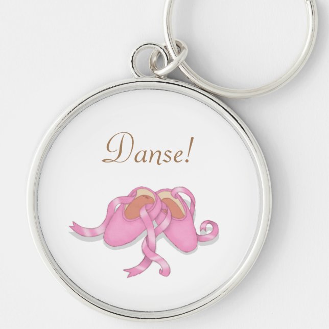 "Danse" Rosa Ballet Tofflor Dancer Keychain Rund Silverfärgad Nyckelring (Framsidan)