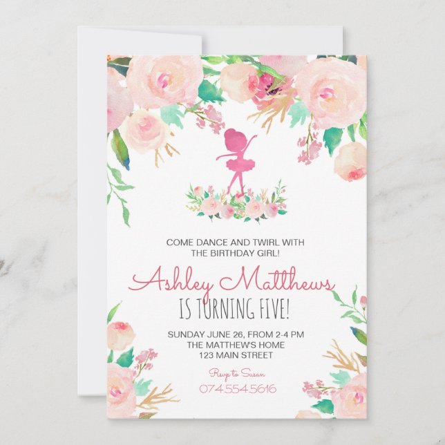 Dansfödelsedag, ballerina, födelsedagsinbjudan inbjudningar (Framsida)