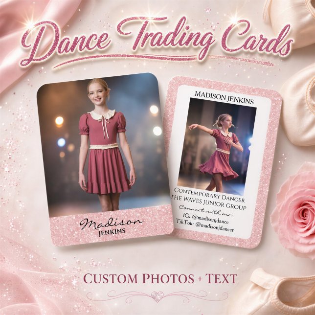 Danshandels kort Rosa Glitter Foto (Dance trading cards featuring your custom photos and text with rose gold glitter accent borders)