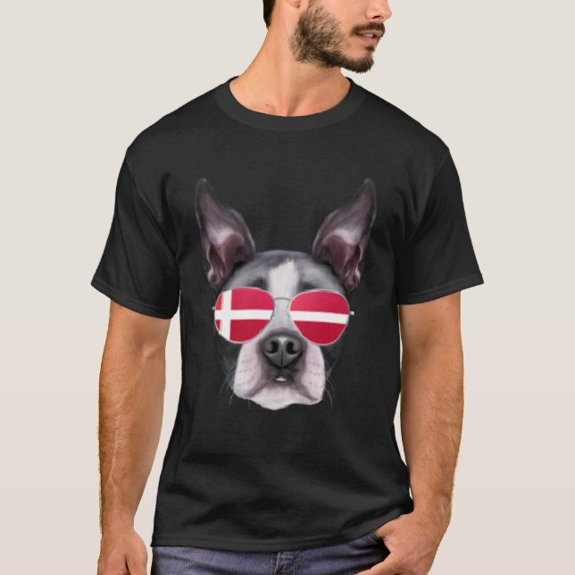 Dansk Flagga Boston Terrier Hund Danmark Pocket T Shirt (Framsida)