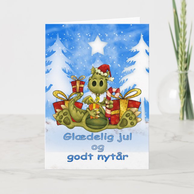 Dansk julkort - Cute Dragon - VGlaedelig J Helgkort (Framsida)