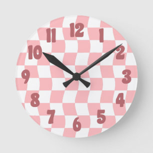Dansk Pastel Rosa White Simple Vågigt Checkerboard Rund Klocka