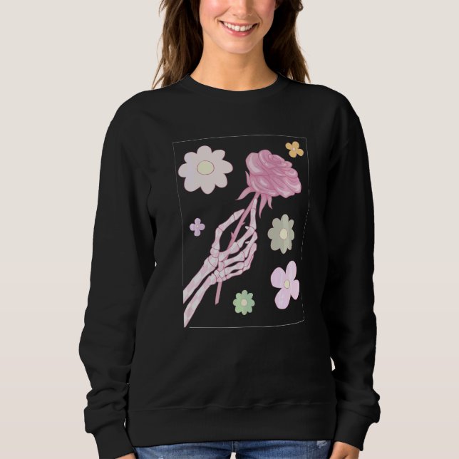 Dansk Pastell Estetisk Skelett Hand Röd Ros   T Shirt (Framsida)