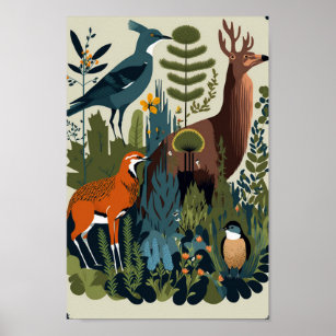 Dansk Scandinavian Forest Animals Blommigt Art Poster