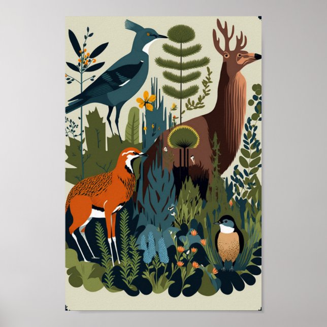 Dansk Scandinavian Forest Animals Blommigt Art Poster (Framsidan)