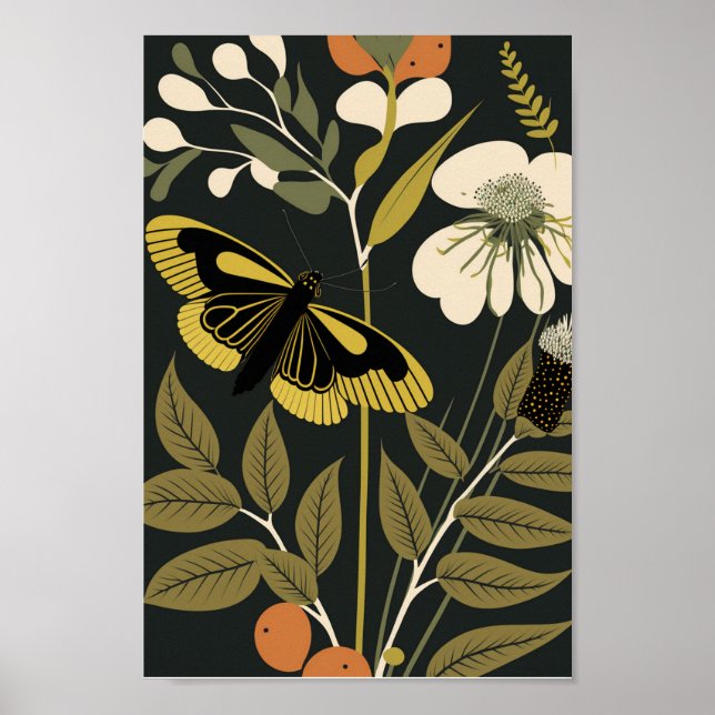 Dansk skandinavisk fjäril Blommigt Boho Art Poster (Framsidan)