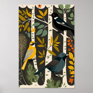 Danska skandinaviska fåglar Träd Minimalist Boho Poster