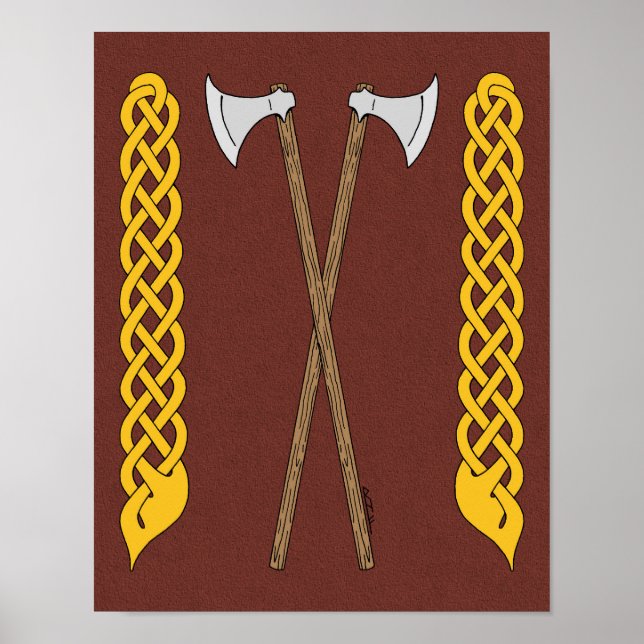 Danska/vikingatida yxor korslagda med flätning poster (Framsidan)