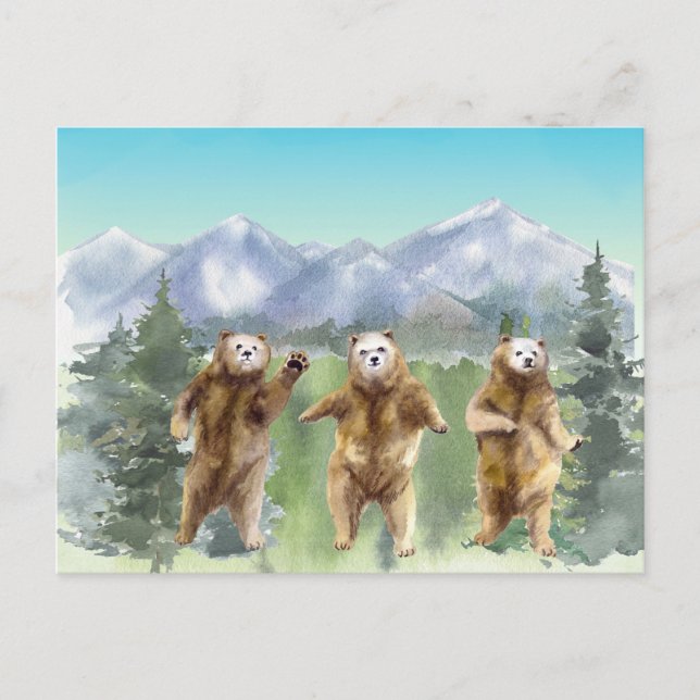 Danskande Bears Watercolor Evergreen Ligcape Vykort (Framsida)