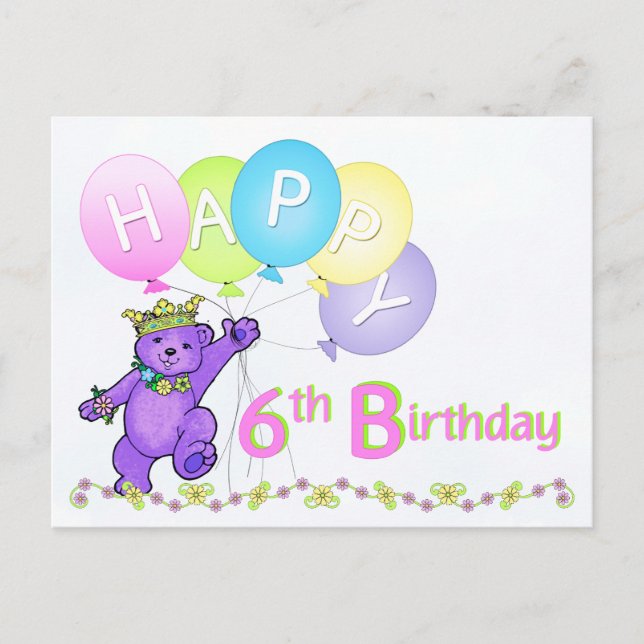 Danskande Nalle 6e Birthday Vykort (Framsida)