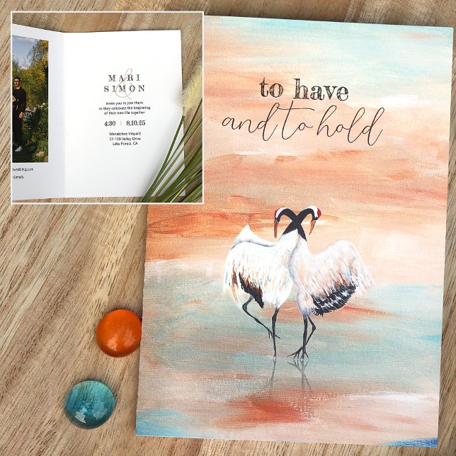 Danske japansk Tancho Cranes Beige Blue Bröllop Inbjudan (asian origami cranes natural beige terracotta copper rust turquoise wedding invitation)