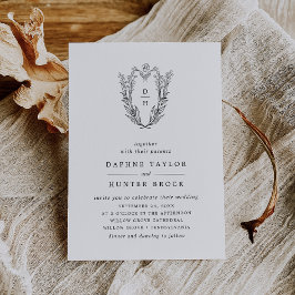 DAPHNE Black White Simple Monogram Blommigt Bröllo Inbjudningar