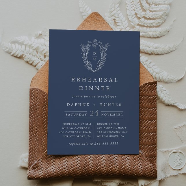 DAPHNE Blommigt för Mörk blått Elegant - repetitio Inbjudningar (DAPHNE Dark Blue Elegant Floral Rehearsal Dinner Invitation)