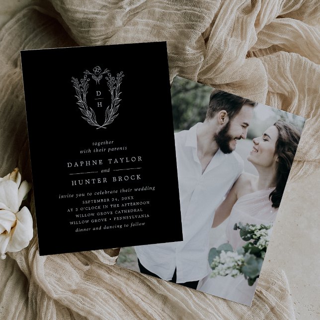 DAPHNE Botanisk Mörk Black Elegant Photo Bröllop Inbjudningar (DAPHNE Botanical Dark Black Elegant Photo Wedding Invitation)
