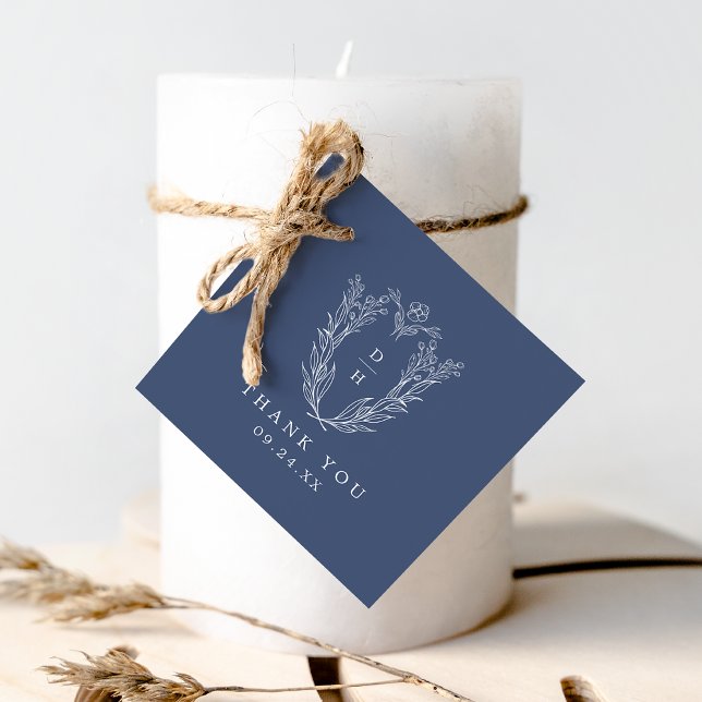 DAPHNE Botaniska Mörk blått flottan Bröllop Tack Gåvor Etiketter (DAPHNE Botanical Dark Blue Navy Wedding Thank You Favor Tags)