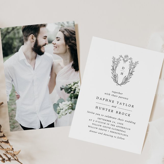 DAPHNE Classic Black White Blommigt Photo Bröllop Inbjudningar (DAPHNE Classic Black White Floral Photo Wedding Invitation)