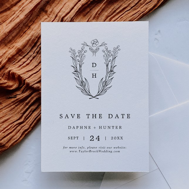 DAPHNE Classic Elegant Black White Blommigt Bröllo Spara Datumet (DAPHNE Classic Elegant Black White Floral Wedding Save The Date)