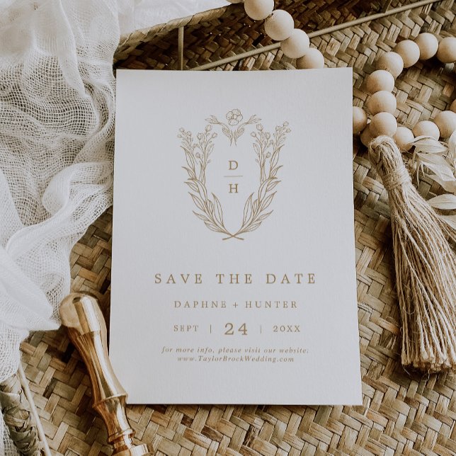 DAPHNE Classy Guld White Vapensköld Boho Simple Br Spara Datumet (DAPHNE Classy Gold White Crest Boho Simple Wedding Save The Date)