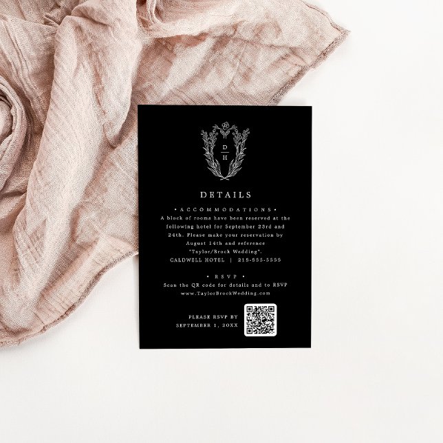 DAPHNE Enkla svarta botaniska bröllopsdetaljer Tilläggskort (DAPHNE Simple Dark Black Botanical Wedding Details Enclosure Card)