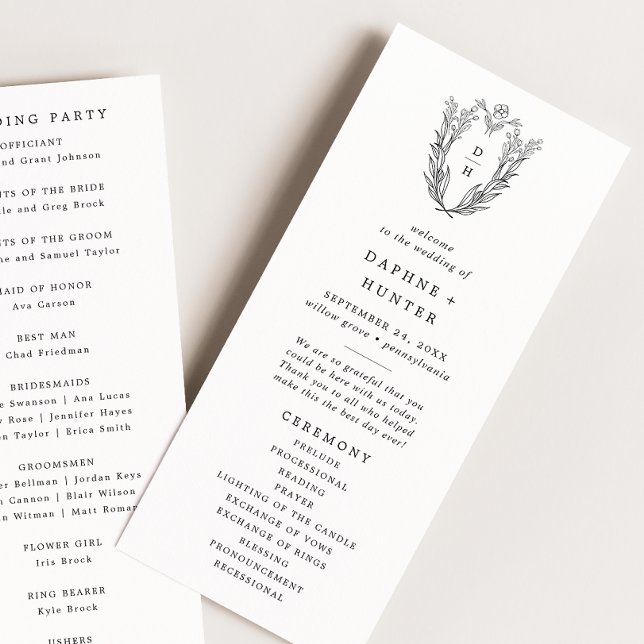 DAPHNE Greenery Black White Vapensköld Monogram Br Program (DAPHNE Greenery Black White Crest Monogram Wedding Program)