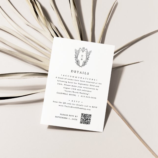 DAPHNE Monogram Black White - enkel Bröllop-inform Tilläggskort (DAPHNE Monogram Black White Simple Wedding Details Enclosure Card)