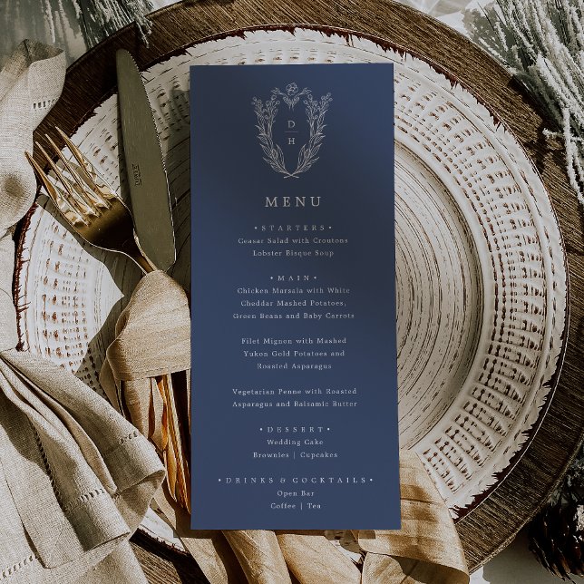 DAPHNE Mörk blått Elegant Minimalistisk Blommigt B Meny (DAPHNE Dark Blue Elegant Minimalist Floral Wedding Menu)