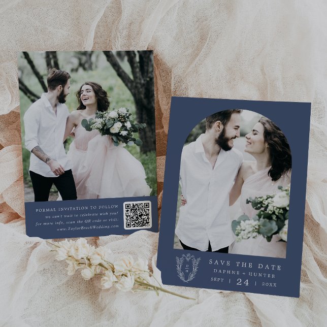 DAPHNE Mörk blått Vita botaniska Modern Bröllop Spara Datumet (DAPHNE Dark Blue White Botanical Modern Wedding Save The Date)