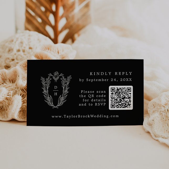 DAPHNE QR Chic-Mörk, svarta Bröllop OSA Tilläggskort (DAPHNE QR Code Chic Dark Black Wedding RSVP Cards)