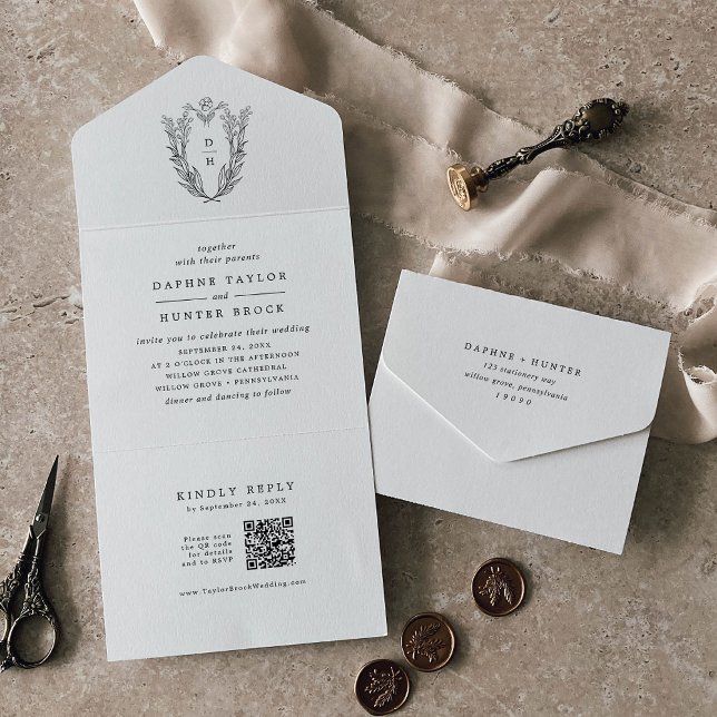 DAPHNE QR Code Black White Blommigt Vintage bröllo (DAPHNE QR Code Black White Floral Vintage Wedding All In One Invitation)