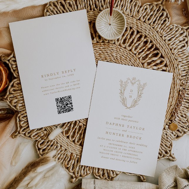 DAPHNE QR Guld White Blommigt Classy Bröllop Inbjudningar (DAPHNE QR Code Gold White Floral Classy Wedding Invitation)