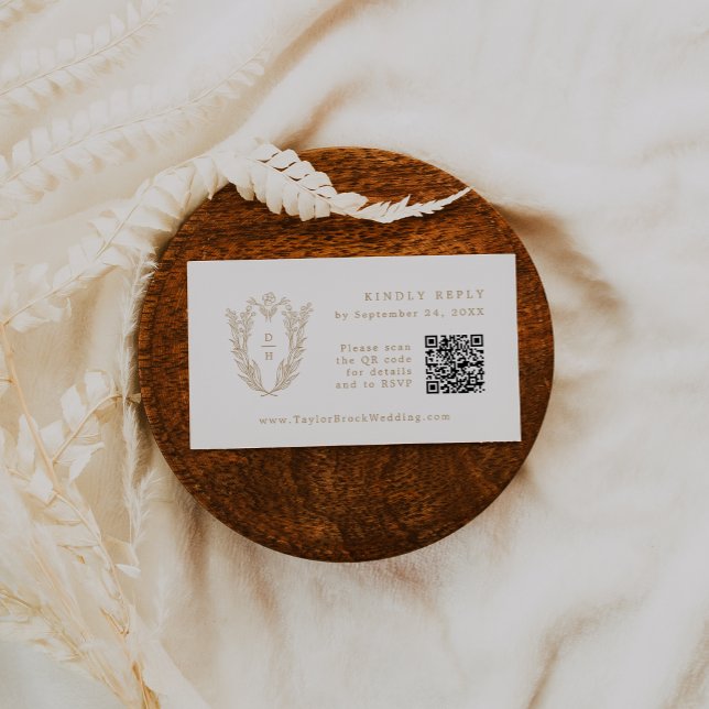 DAPHNE QR-kod Guld White Vapensköld-Bröllop OSA Tilläggskort (DAPHNE QR Code Gold White Crest Wedding RSVP Cards)