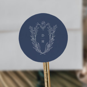 DAPHNE Simple Mörk blått Modern Bröllop Monogram Runt Klistermärke