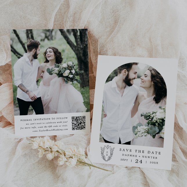 DAPHNE Svartvit Blommigt Vapensköld minimalistisk  Spara Datumet (DAPHNE Black White Floral Crest Minimalist Wedding Save The Date)