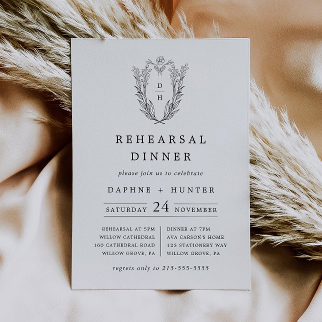 DAPHNE Svartvit minimalistisk repetitionsmiddag Inbjudningar (DAPHNE Black White Minimalist Rehearsal Dinner Invitation)