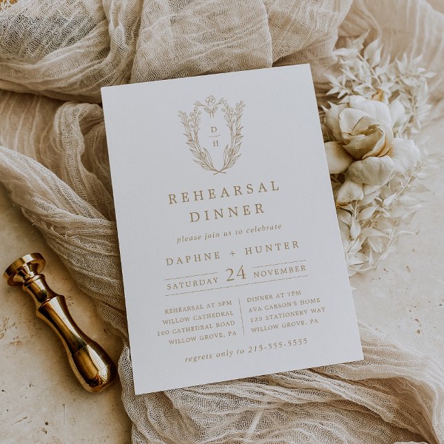 DAPHNE Vapensköld Vita Guld enkel repetitionsmidda Inbjudningar (DAPHNE Crest White Gold Simple Rehearsal Dinner Invitation)