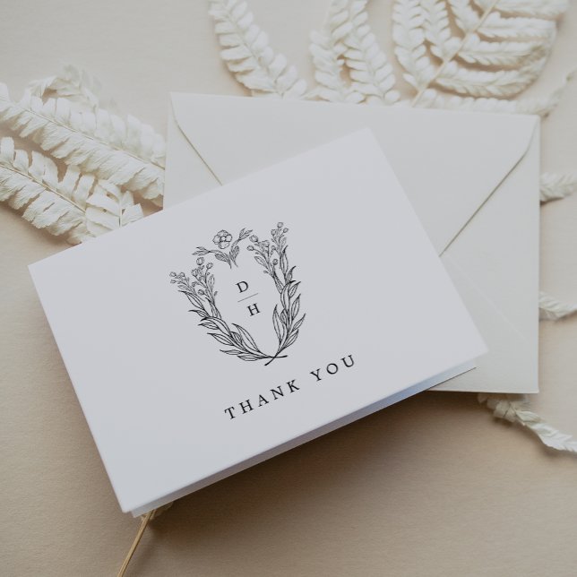 DAPHNE-vikad klassisk svart vit Blommigt Bröllop Tack Kort (DAPHNE Folded Classic Black White Floral Wedding Thank You Card)