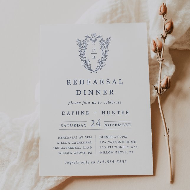 DAPHNE Vita blå Elegant - enkel repetitionsmiddag Inbjudningar (DAPHNE White Blue Elegant Simple Rehearsal Dinner Invitation)