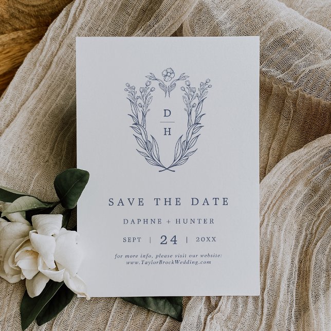 DAPHNE White Blue Modern Botaniska Elegant bröllop Spara Datumet (DAPHNE White Blue Modern Botanical Elegant Wedding Save The Date)