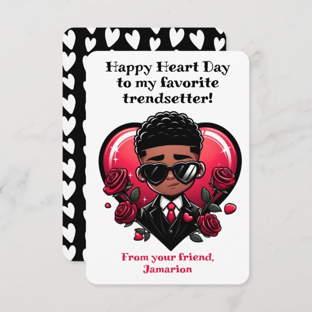 Dapper African American Boy Classroom Valentine Tack Kort (Fram/baksida)