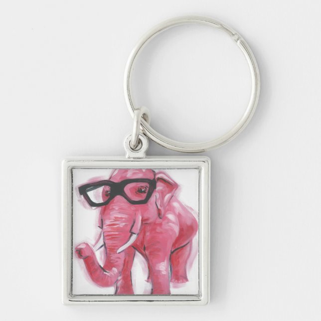 Dapper Animal | Rosa Elephant i eyeglass Fyrkantig Silverfärgad Nyckelring (Framsidan)