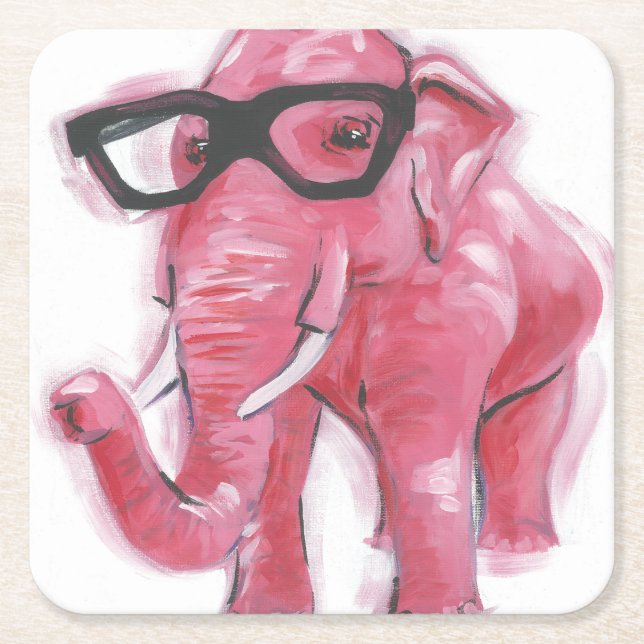 Dapper Animal | Rosa Elephant i eyeglass Underlägg Papper Kvadrat (Framsidan)