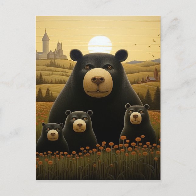 Dapper Bear Family i en Blommigt Kungariket Vykort (Framsida)